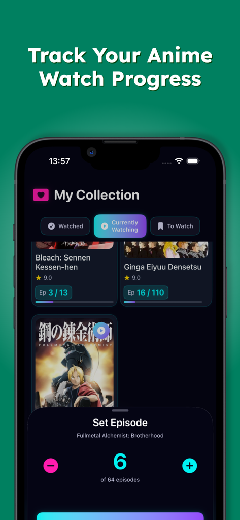 The Animekai - Space of Anime - The Animekai app screen for tracking anime watch progress and managing personal collections.