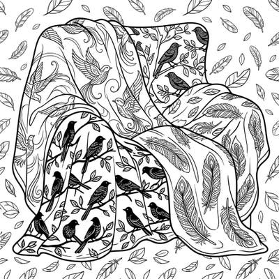 Immerse yourself in a serene world of birds and feathers with this intricate coloring page depicting an avian-themed blanket. Perfect for unwinding, it invites you to bring a cozy, natural scene to life with your favorite colors.
