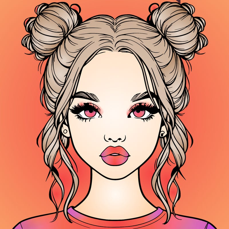 realistic girl with two buns in hair and lips