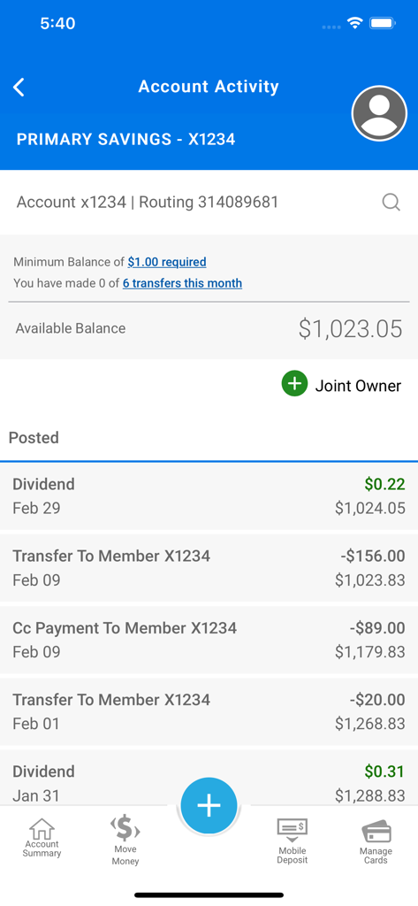 RBFCU - RBFCU mobile app account activity screen showing savings balance and recent transactions