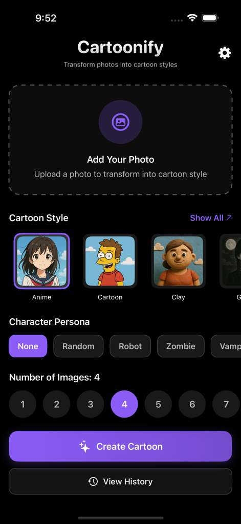 Cartoonify Me - Main interface of Cartoonify Me app featuring cartoon styles like Anime and Yellow Family and options to select character personas.