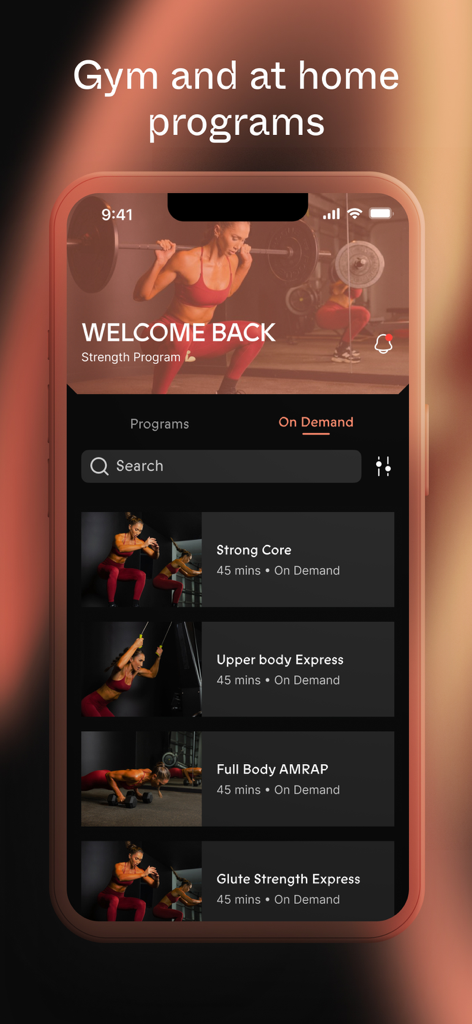 Neuform - NeuForm app interface displaying gym and at home workout programs including Strong Core and Full Body AMRAP