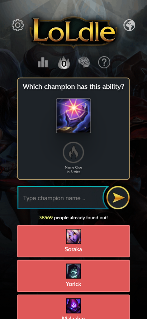 LoLdle Official - A screenshot of LoLdle Official showing the ability game mode with a spell icon and multiple incorrect guesses like Soraka and Yorick