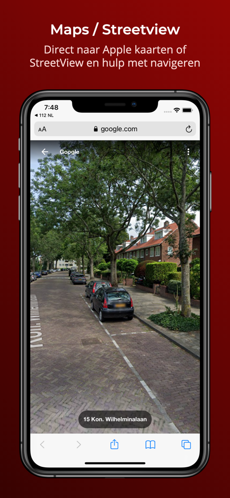 112-Nederland app screenshot showing Google Street View integration for emergency location monitoring.