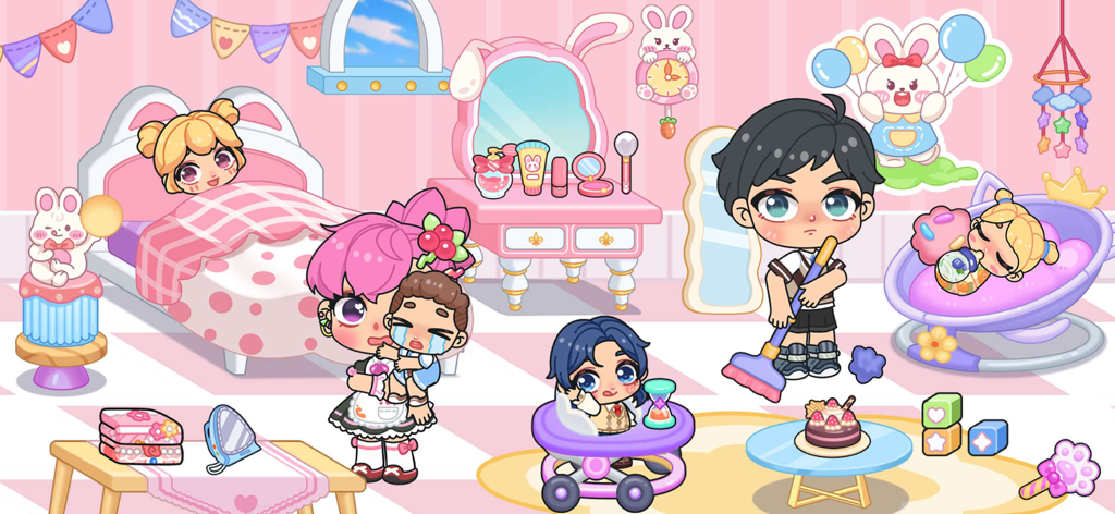 Lindos avatares chibi interactuando en una habitación de guardería rosa en Ayla World