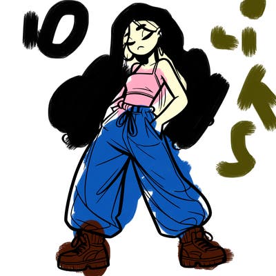 girl in baggy pants crop top and long hair