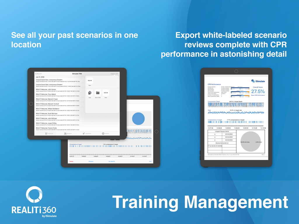 REALITi 360 app interface showing training management logs and detailed CPR performance reports on iPads