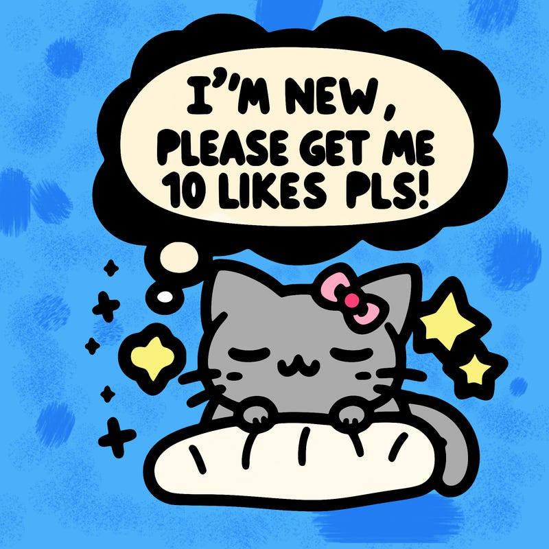 kitty taking a nap dream talking and saying "i'm new, please get me at least 10 likes pls!!"