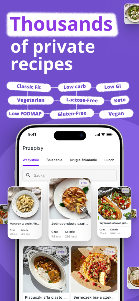 Fitollo app screen displaying a wide variety of healthy recipe categories and meal options for different dietary needs