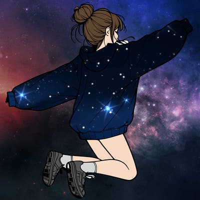 realistic girl jumping with a bun and oversized sweatshirt