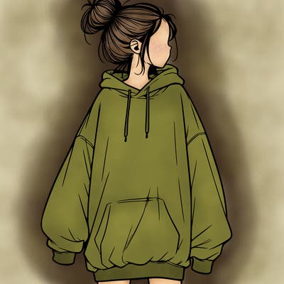 realistic girl with a oversized sweatshirt on and a bun
