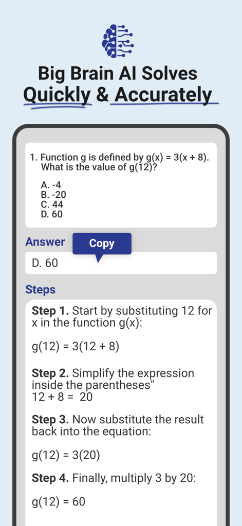Big Brain - AI Homework Helper - Big Brain AI app providing a step-by-step solution to a math function problem.