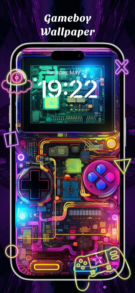 Neon Gameboy style wallpaper with circuit board aesthetic on an iPhone screen
