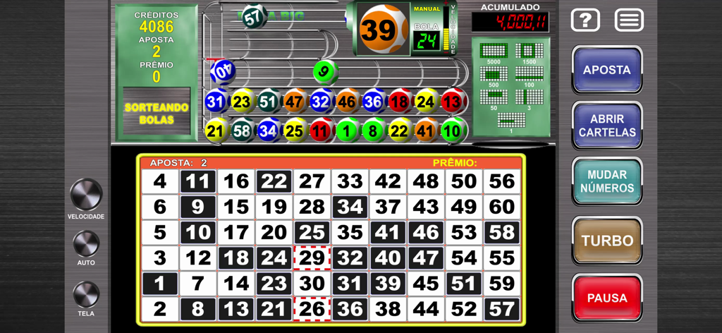 Megaball Video Bingo - 60ナンバーの巨大なカードとカラフルな抽選ボールが表示されたメガビッグモードのメガボール ビデオビンゴのゲームプレイ画面