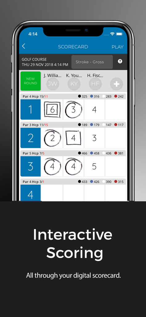 Five Forts Golf Club - Five Forts Golf Club app showing the interactive digital scorecard feature for multiple players