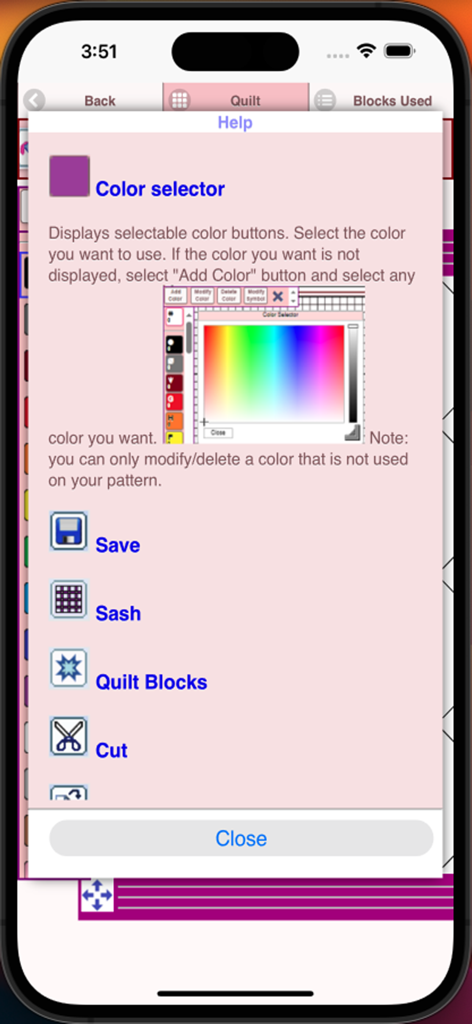 Quilt Pattern Creator - Help screen in the Quilt Pattern Creator app explaining the color selector and design tool icons