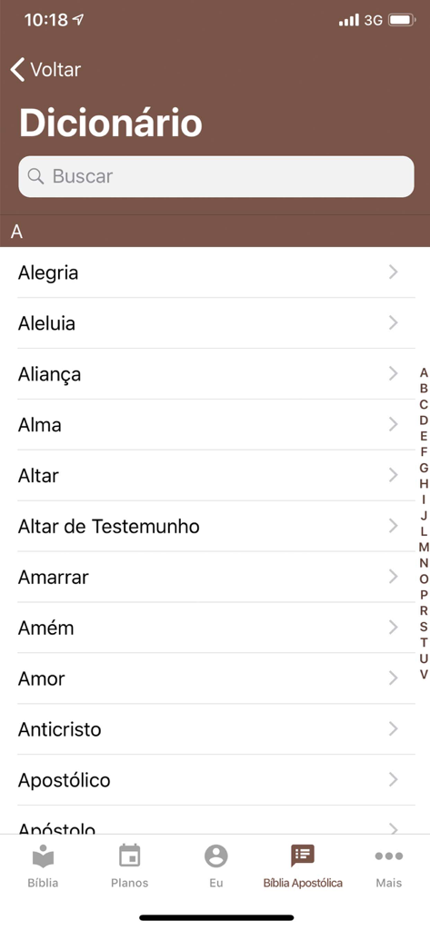 A screenshot of the biblical dictionary within the Biblia Apostolica app showing a list of religious terms in Portuguese
