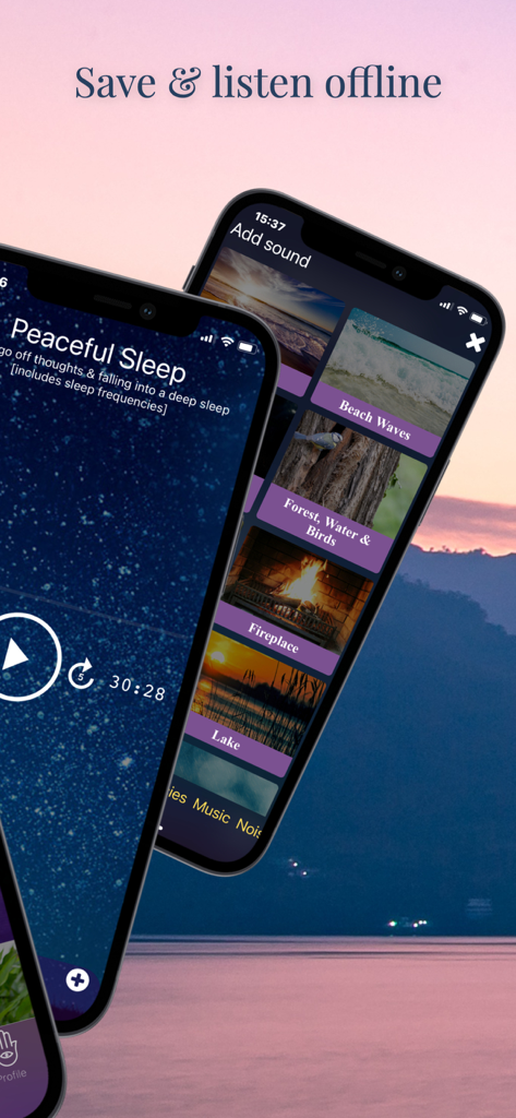 Interfaz de la aplicación MYditation que muestra opciones para escuchar sin conexión y sonidos personalizados como olas de playa y bosque para un sueño reparador
