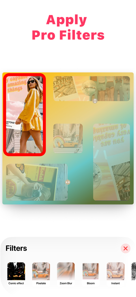 Photo Collage Maker: Collagify - Interfaz de la aplicación Collagify que muestra la función Aplicar Filtros Pro con varios efectos como el efecto Cómico y Desenfoque de Zoom para un collage de fotos.