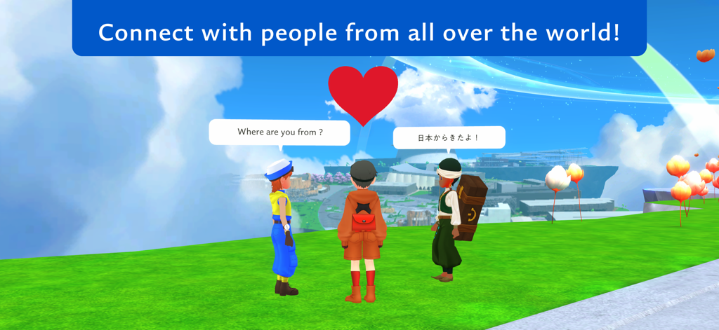 Three avatars interacting and chatting in the Virtual EXPO 2025 JAPAN metaverse.