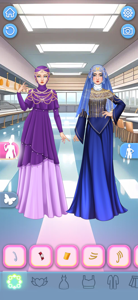BFF Dress Up Games for Girls - Dos mejores amigas vistiendo elegantes vestidos modestos e hiyabs en un pasillo de secundaria