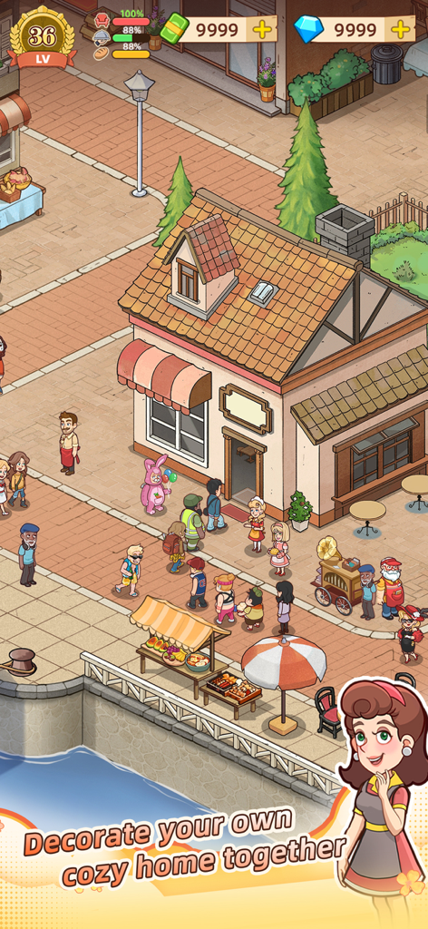 My Bakery Story-Decorate &Grow - An isometric view of a charming bakery and town square with cartoon characters walking around in My Bakery Story game