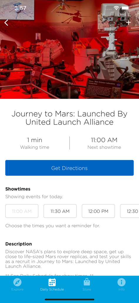 Kennedy Space Center Guide app display for Journey to Mars attraction showtimes and details
