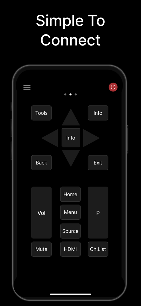 Universal Remote - TV Remote · - Pantalla de smartphone que muestra una interfaz de control remoto de TV virtual de tema oscuro con varios botones de navegación