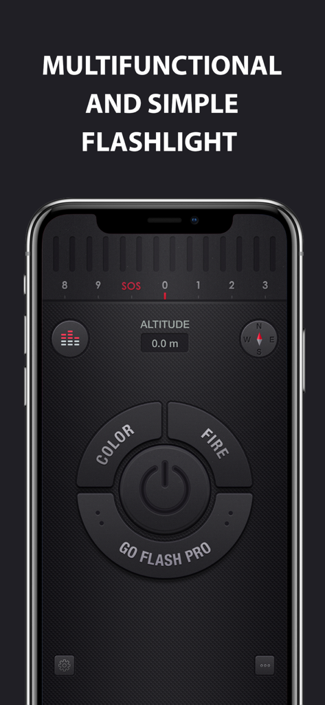 Flashlight for iPhone + iPad - Un'interfaccia utente skeuomorfa e scura di un'app torcia con pulsante di accensione centrale, altimetro e bussola.