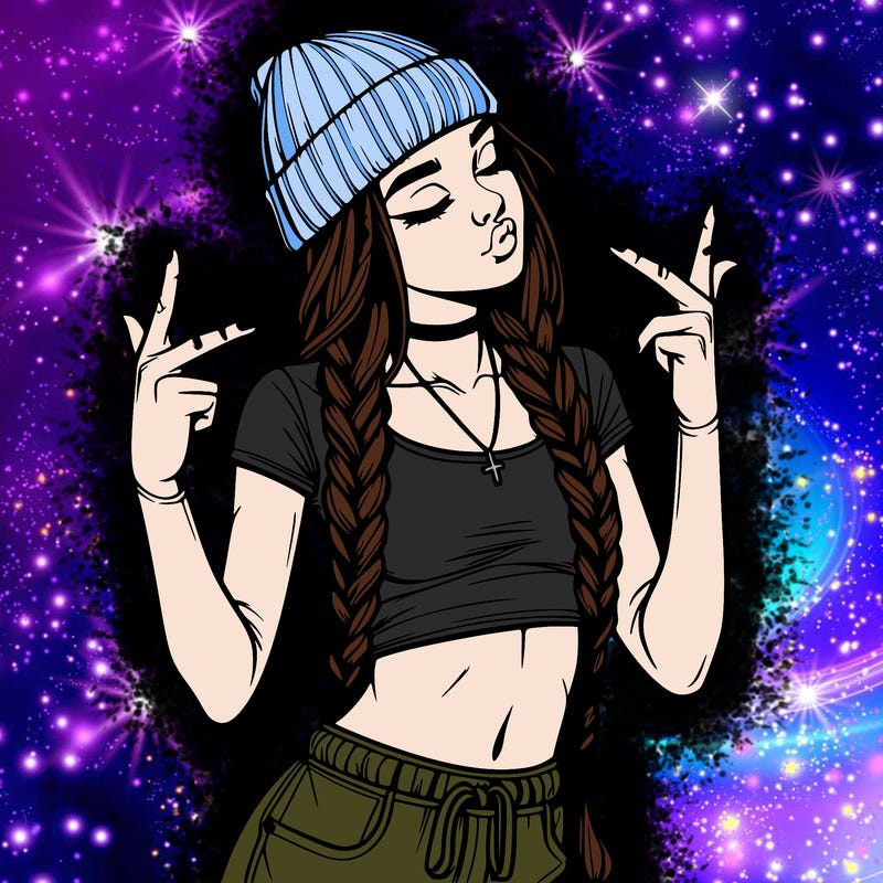 realistic teenage girl with braids and a beanie and crop top doing 🫶🏼