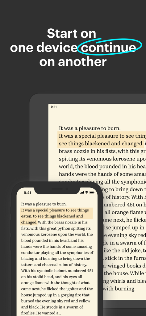 An e-book synchronized across an iPhone and an iPad showing the Bookmate app cross-device harmony feature.