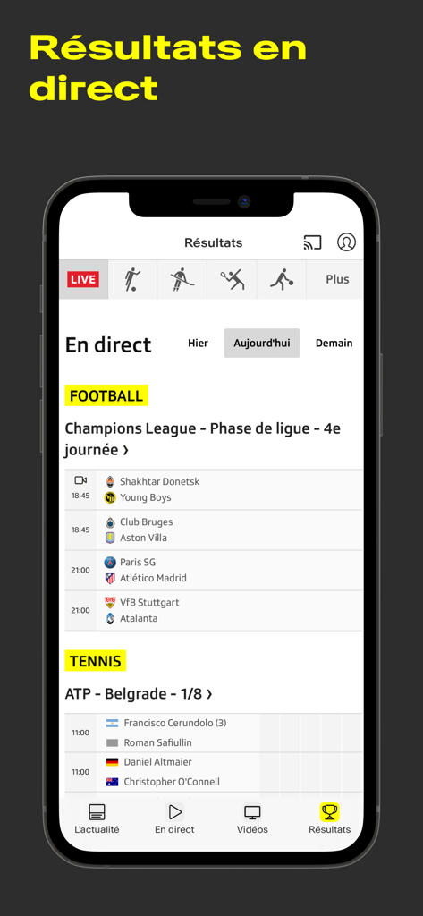 RTS Sport: Live et Actualité - RTS Sport app interface showing live scores for international football and tennis matches
