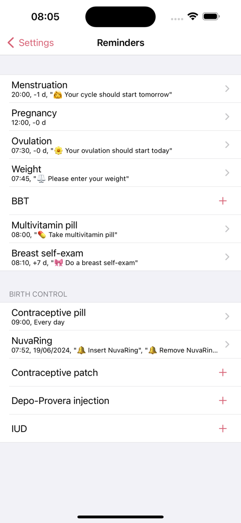 WomanLog Pro Calendar app reminders settings showing notifications for menstruation ovulation and birth control
