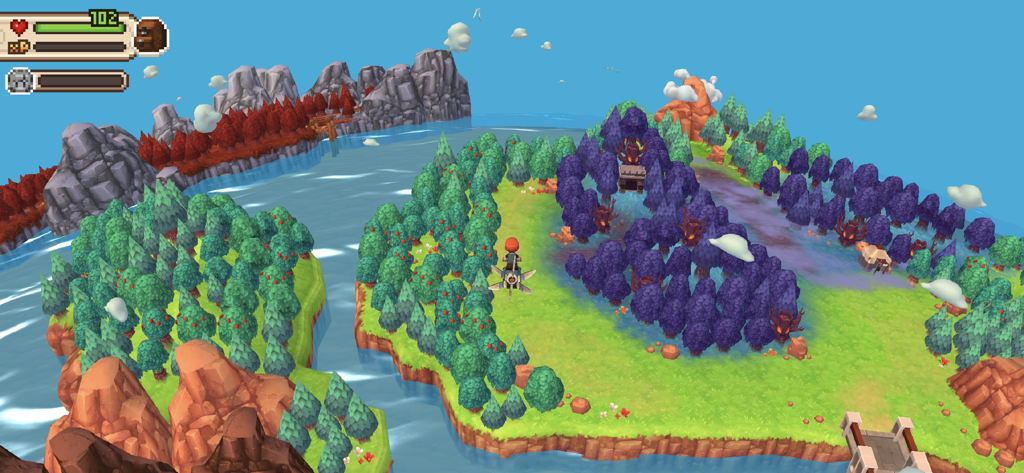 Evoland 2 - Un mapa del mundo isométrico 3D y colorido en Evoland 2 con un personaje volando sobre bosques y montañas