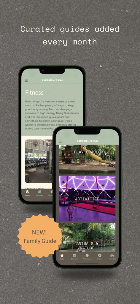 Experience Pai - Two smartphone screens displaying the Experience Pai app with fitness and family guide categories