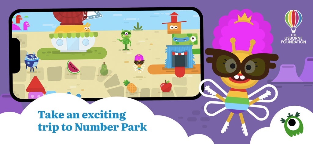 A promotional banner for the Math Teach Monster Numbers app showing Queenie Bee and the Number Park game world on a smartphone screen.