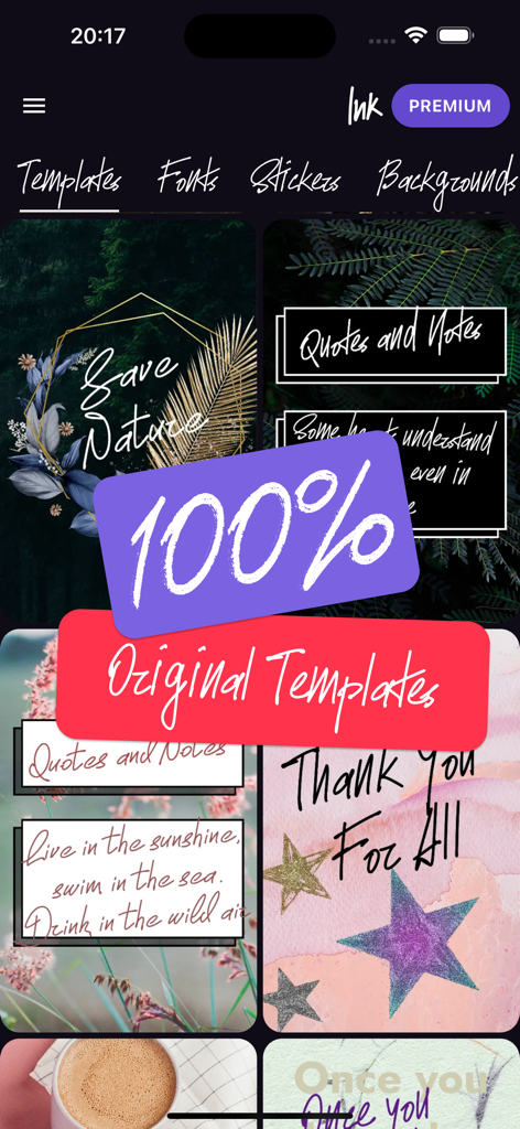 Pantalla de la aplicación Ink que muestra una colección de plantillas de diseño originales con fuentes escritas a mano para historias de redes sociales