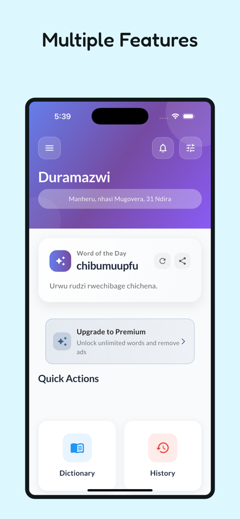 Panel principal de la aplicación Duramazwi Shona Dictionary con la Palabra del Día