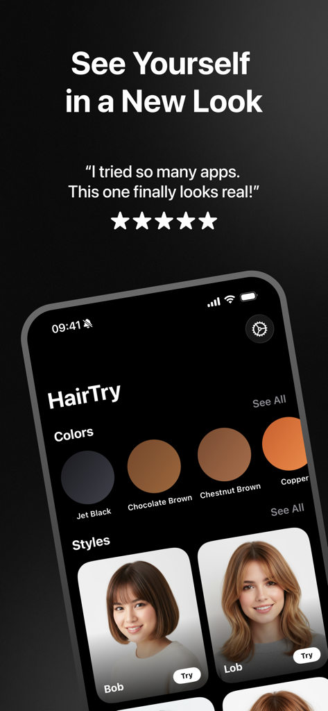 AI Hair Try-On & Color Studio - Interfaz de la aplicación AI Hair Try-On mostrando selecciones realistas de color y estilo de cabello