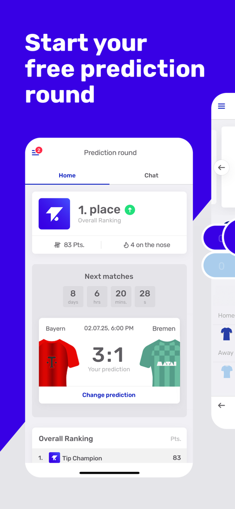 Teamtip - Your Predictor Game - Teamtip mobile app interface displaying match predictions and overall ranking leaderboard