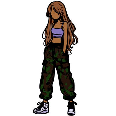 girl in baggy pants crop top and long hair