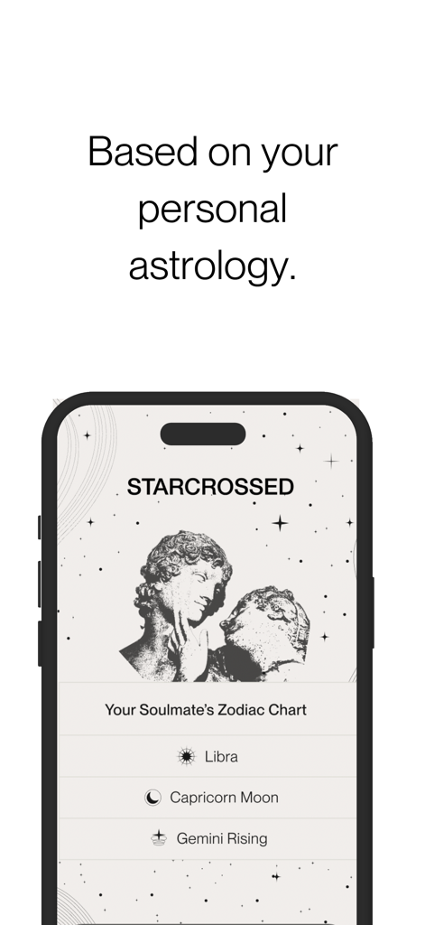 Starcrossed app interface showing a soulmate zodiac chart based on personal astrology