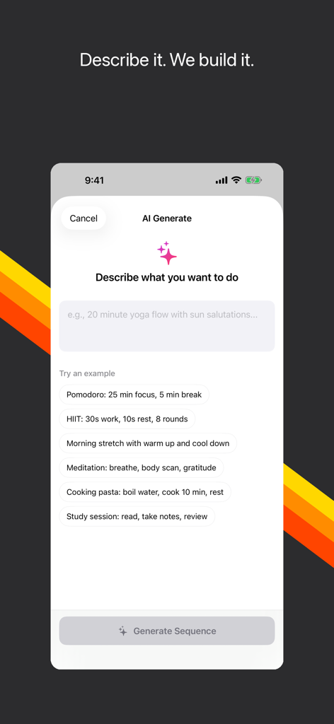 Sequence - Timer & Routines - Interfaz de la aplicación Sequence que muestra la herramienta de generación de IA para crear rutinas y horarios personalizados con temporizador.
