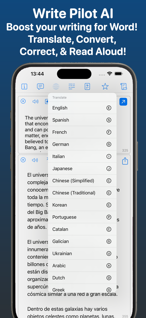 GeminAI mobile app interface showing a list of languages for text translation