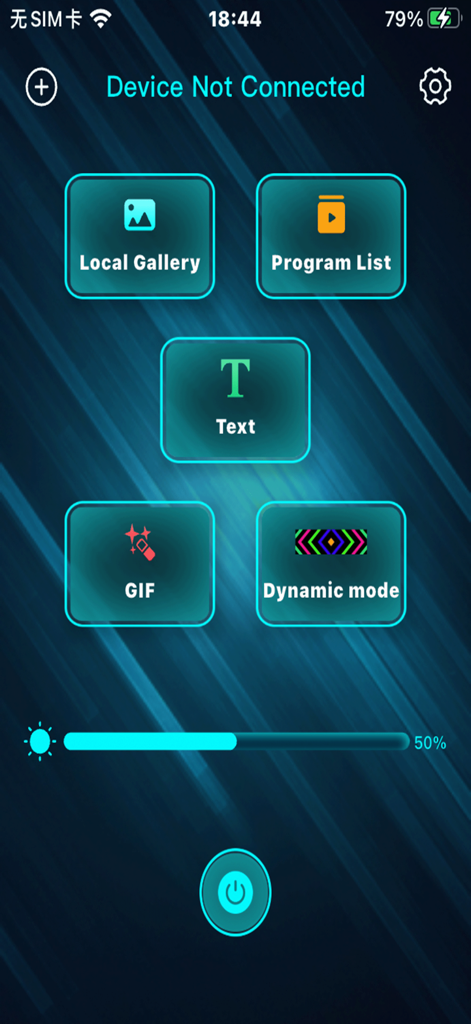 Pixel Demon Eyes mobile app dashboard showing controls for car LED text, GIFs, and dynamic lighting modes