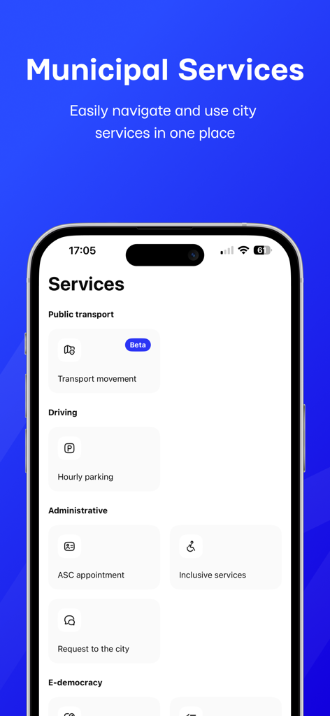 MISTO - MISTO app screen displaying municipal services including public transport and parking