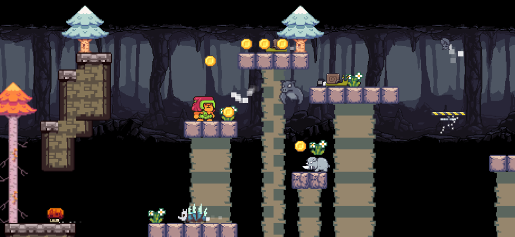 Super World : Adventure Jungle - Gameplay de plateforme rétro 2D montrant le personnage Lep dans un niveau de grotte avec des ennemis et des pièces