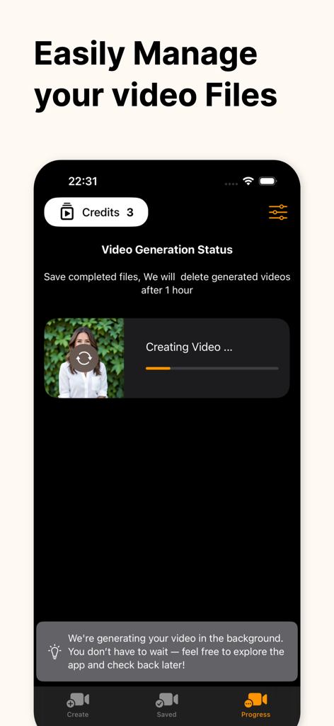 AI Video: Image to Video Maker - Interfaz de aplicación móvil que muestra el progreso de la generación de vídeo de IA con una notificación de procesamiento en segundo plano.
