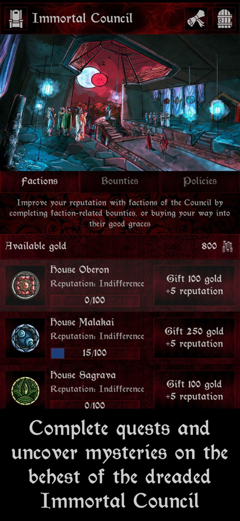 Grim Omens - Old School RPG - Menu de facções do Conselho Imortal em Grim Omens RPG mostrando reputações de casas