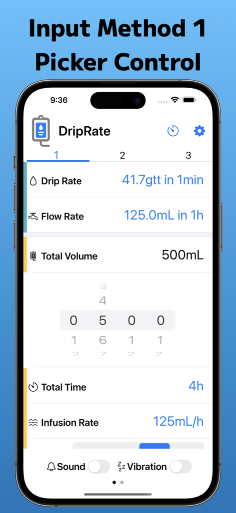 DripRate+ - Pantalla del iPhone DripRate Plus que muestra el cálculo de la tasa de goteo IV con control selector de entrada